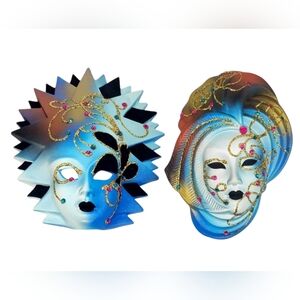 Vintage Wall Mask Set Ceramic Venetian Glitter Gems Sun Goddess Blue Italy 7.5"